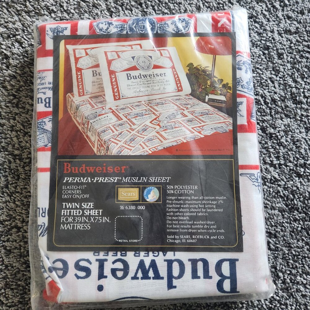 Budweiser Print Bed Fitted Sheet - Twin Size Perma Prest Muslin 39x75" Vintage
